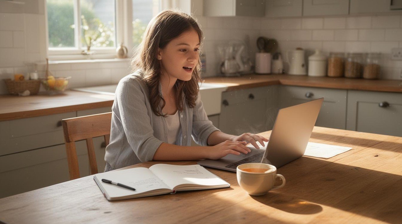 A learner speaking into a laptop at a sunny kitchen table