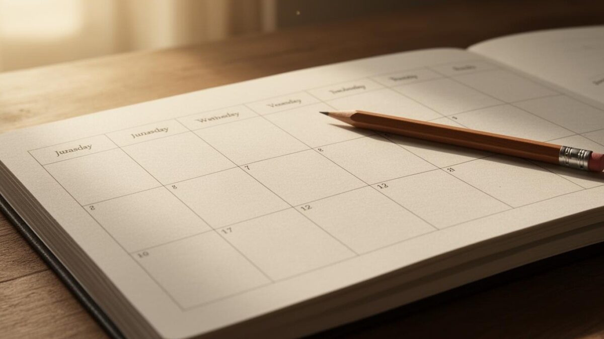 A paper planner open to a weekly study grid with a pencil on top