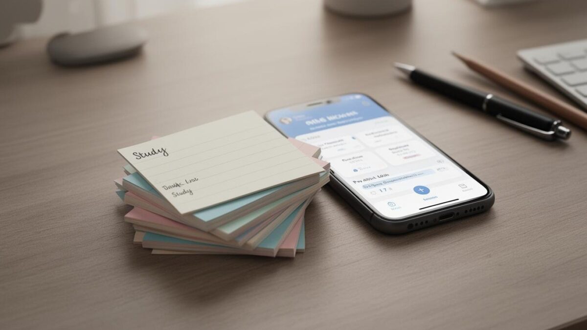 A stack of index cards fanned out on a desk beside a phone