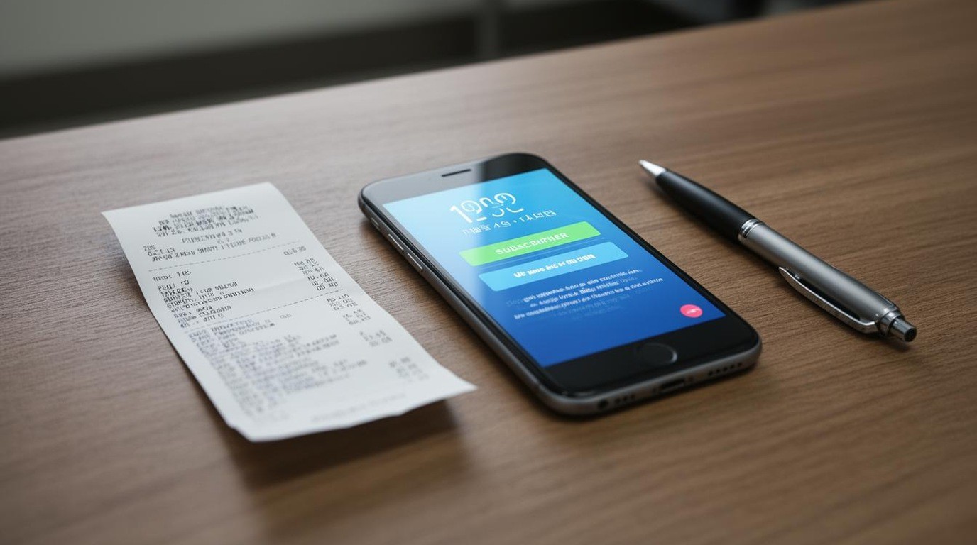 A phone showing a subscription screen next to a receipt and a pen