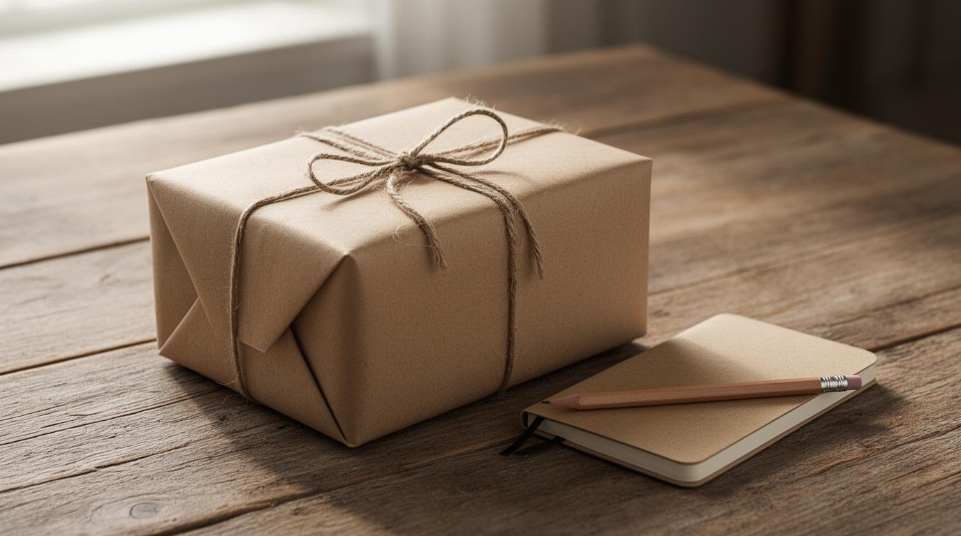 A wrapped gift box with a small notebook and a pencil tucked inside